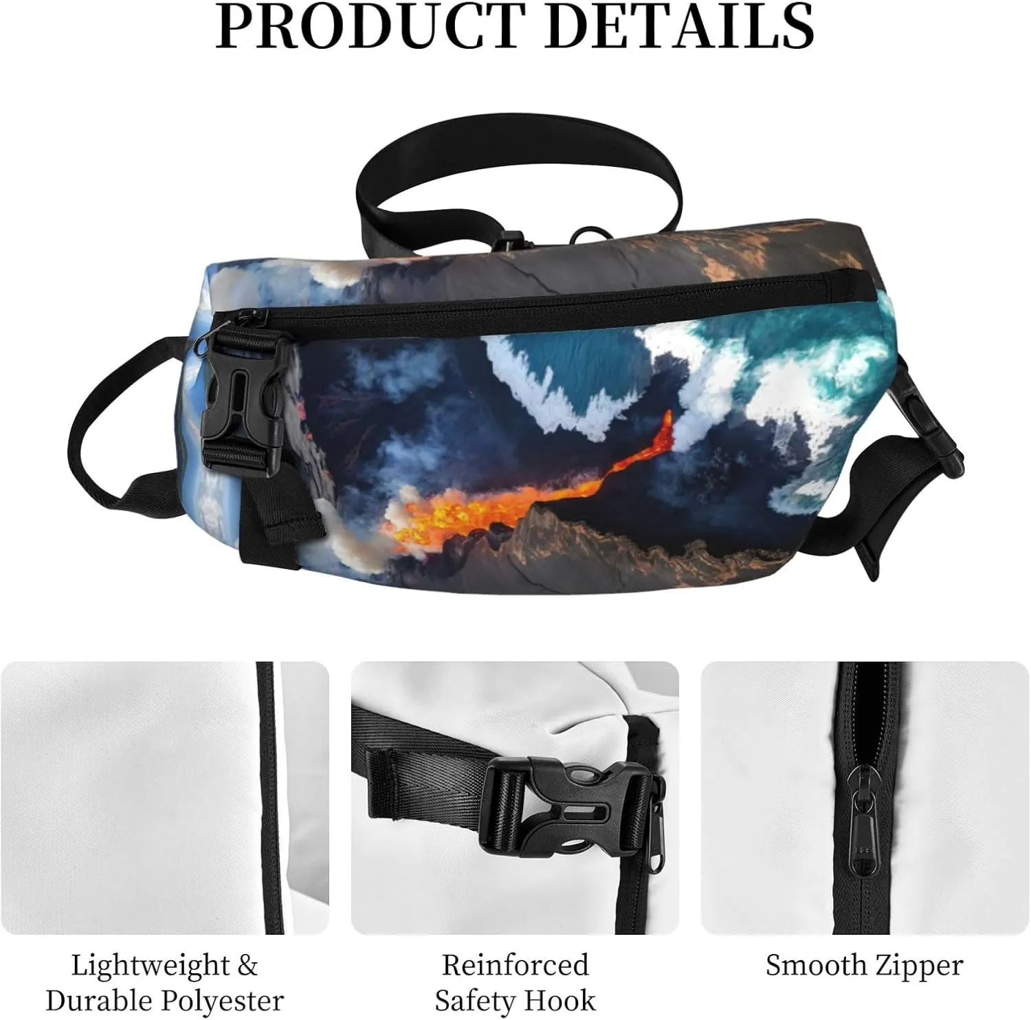 WURTON Kilauea Volcanos Print Crossbody Backpack Cross Pack Lightweight Sling Bag Travel, Hiking
