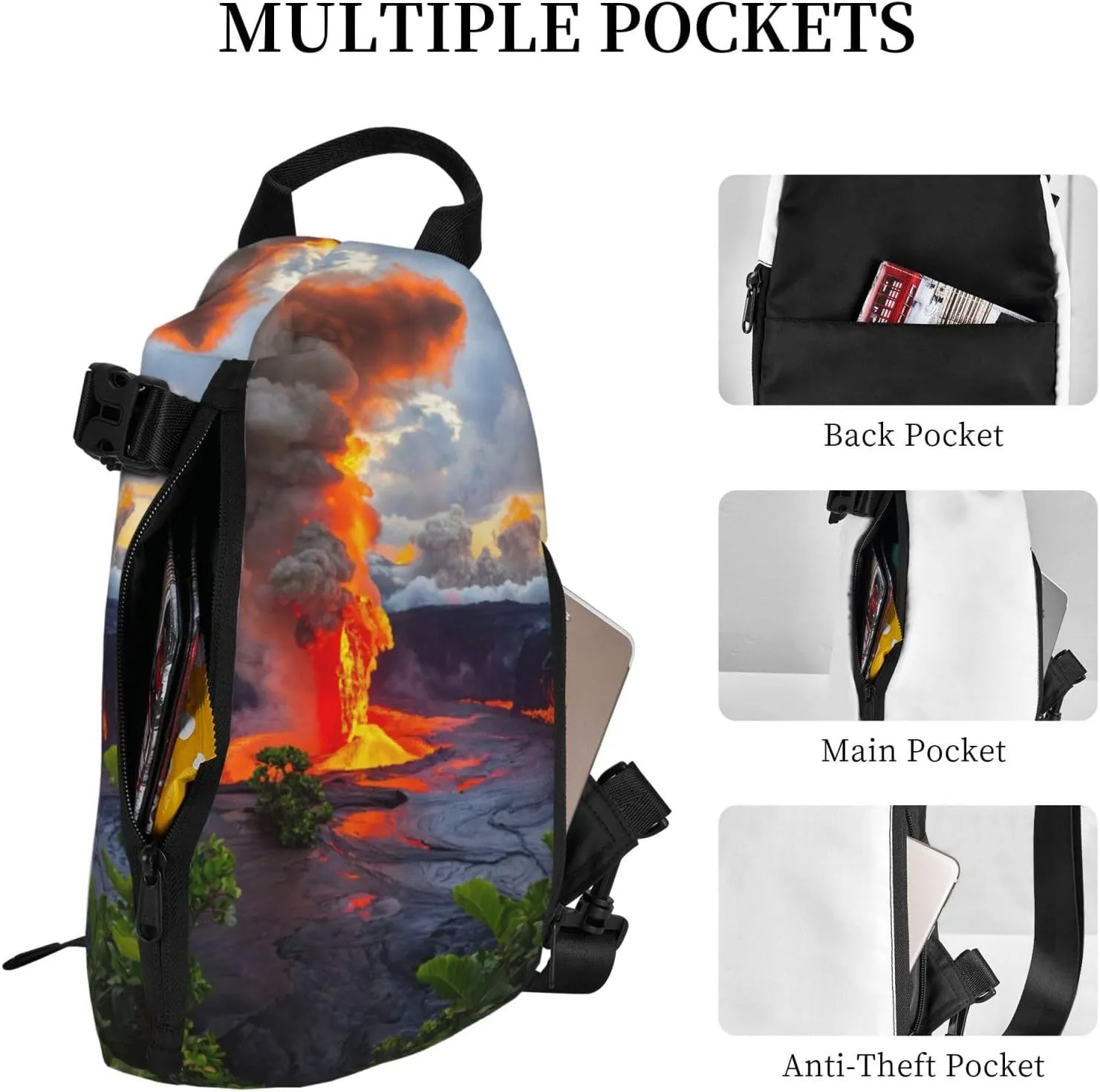 WURTON Kilauea Volcanos Print Crossbody Backpack Cross Pack Lightweight Sling Bag Travel, Hiking