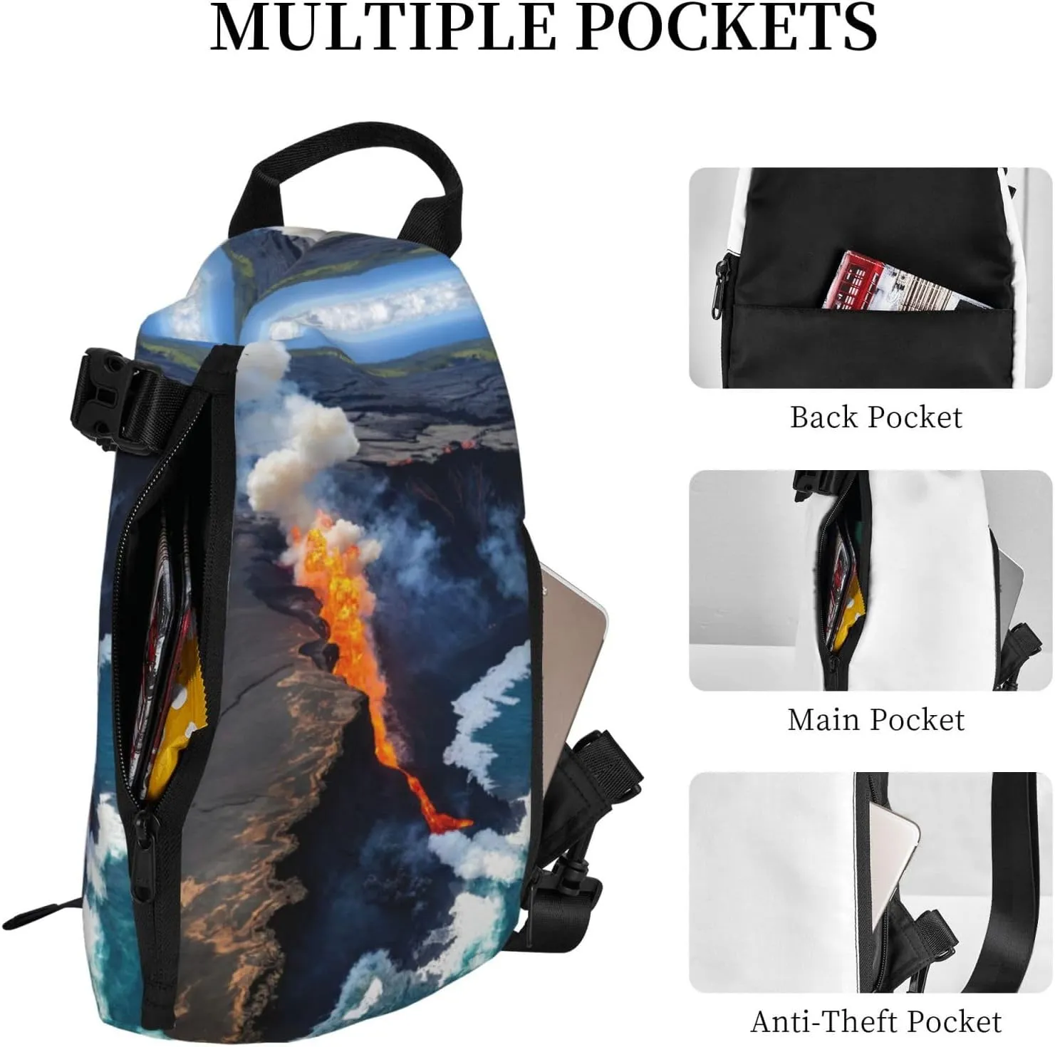 WURTON Kilauea Volcanos Print Crossbody Backpack Cross Pack Lightweight Sling Bag Travel, Hiking