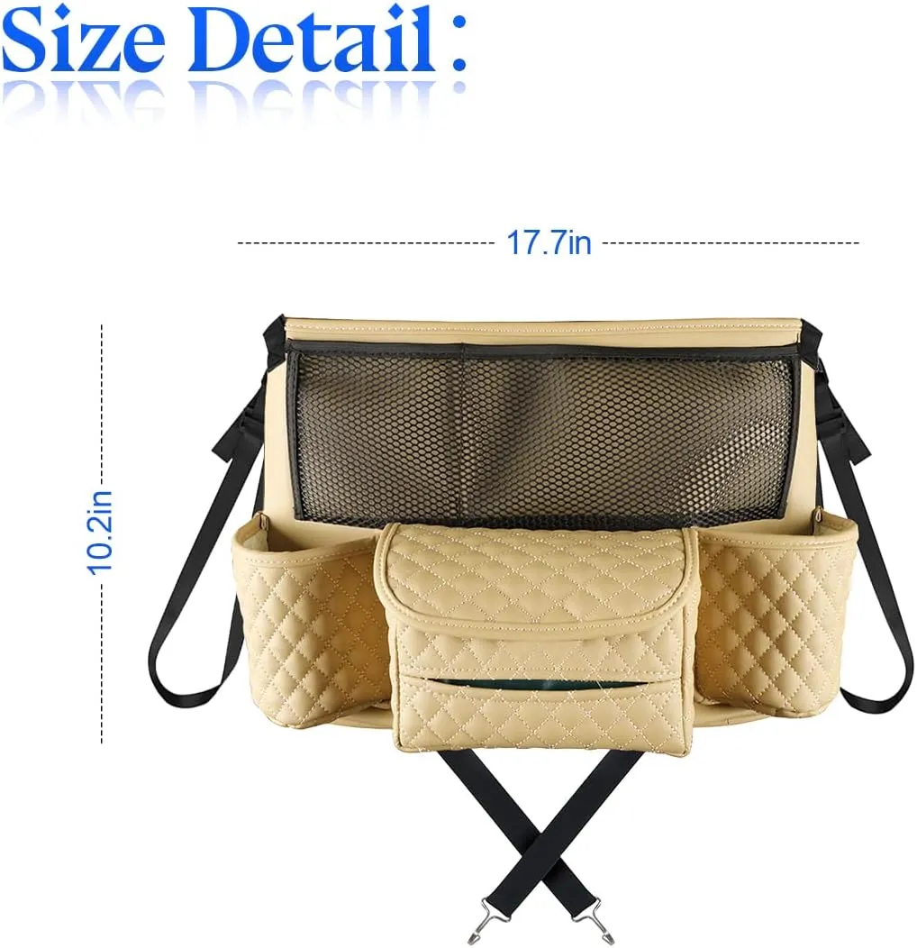 XINLIYA Car Handbag Holder Between Seats, PU Leather Multi-Pocket Large Capacity Purse Holder, Auto Net Bag Barrier of Backseat Pet Kids, Car Seat Organizers and Storage for Cargo Tissue Cup（Beige）