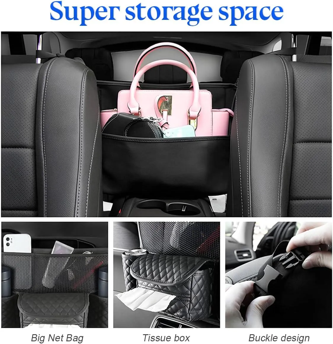 XINLIYA Car Handbag Holder Between Seats, PU Leather Multi-Pocket Large Capacity Purse Holder, Auto Net Bag Barrier of Backseat Pet Kids, Car Seat Organizers and Storage for Cargo Tissue Cup（Beige）