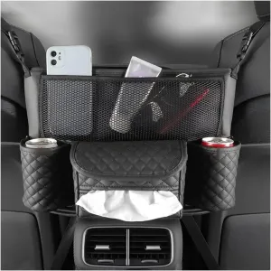 XINLIYA Car Handbag Holder Between Seats, PU Leather Multi-Pocket Large Capacity Purse Holder, Auto Net Bag Barrier of Backseat Pet Kids, Car Seat Organizers and Storage for Cargo Tissue Cup（Black）
