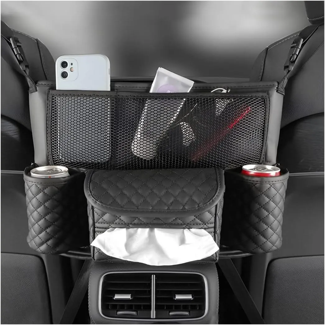 XINLIYA Car Handbag Holder Between Seats, PU Leather Multi-Pocket Large Capacity Purse Holder, Auto Net Bag Barrier of Backseat Pet Kids, Car Seat Organizers and Storage for Cargo Tissue Cup（Black）