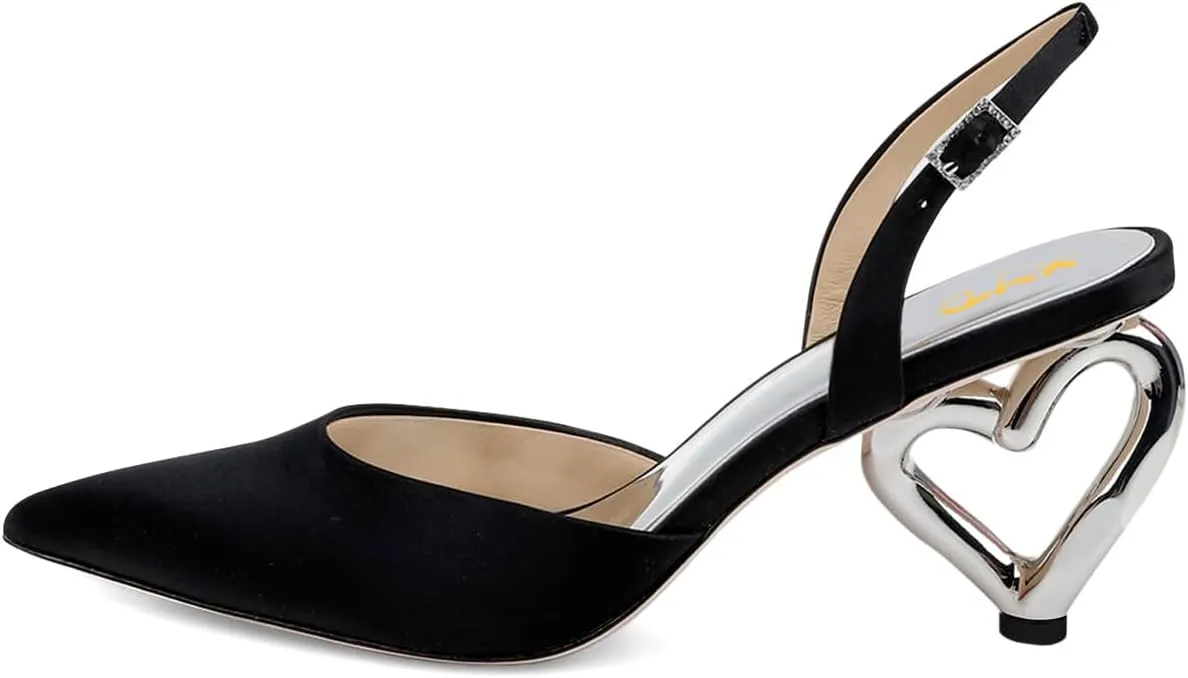 XYD Women Bridal Heart Heel Slingback Pumps Elegant Pointed Toe Slip On Mid Heels for Wedding Event Satin Shoes