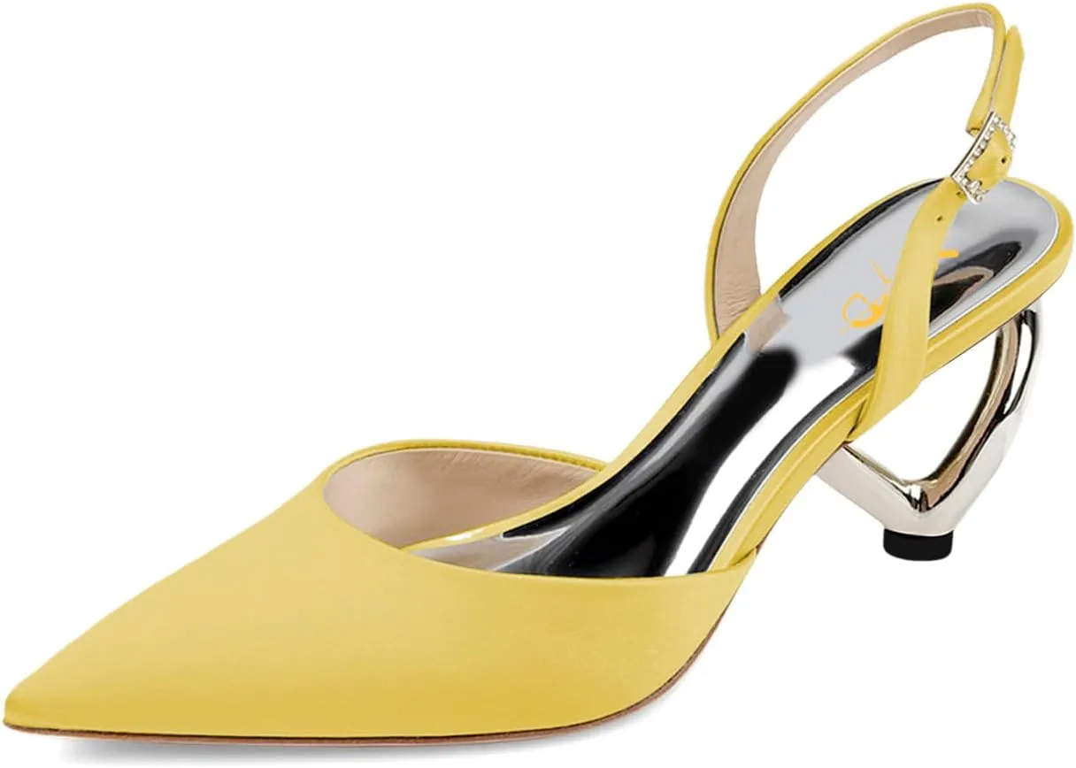 XYD Women Bridal Heart Heel Slingback Pumps Elegant Pointed Toe Slip On Mid Heels for Wedding Event Satin Shoes
