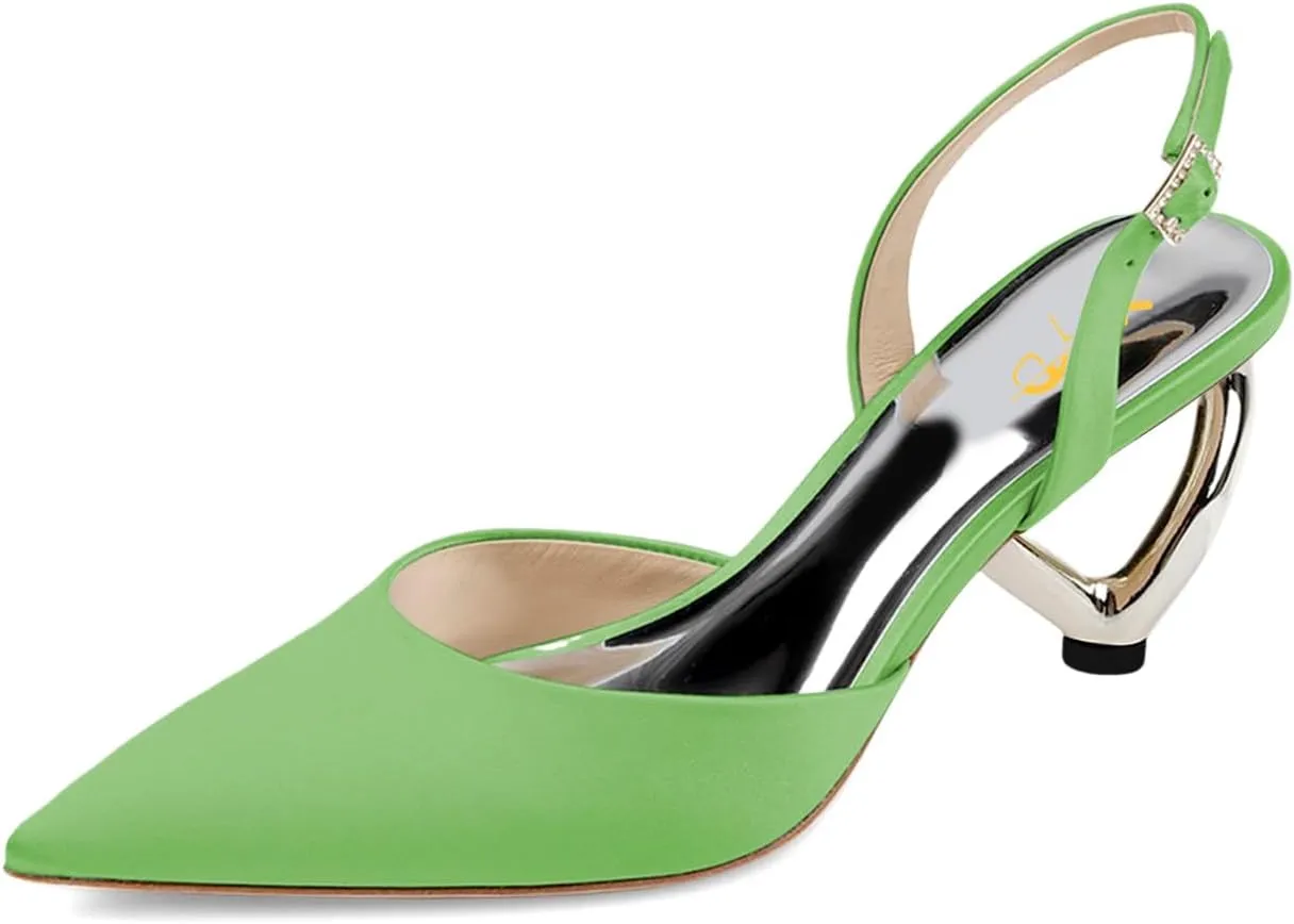 XYD Women Bridal Heart Heel Slingback Pumps Elegant Pointed Toe Slip On Mid Heels for Wedding Event Satin Shoes