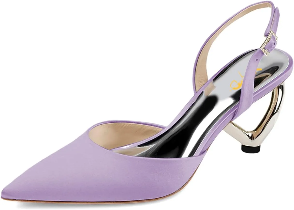 XYD Women Bridal Heart Heel Slingback Pumps Elegant Pointed Toe Slip On Mid Heels for Wedding Event Satin Shoes