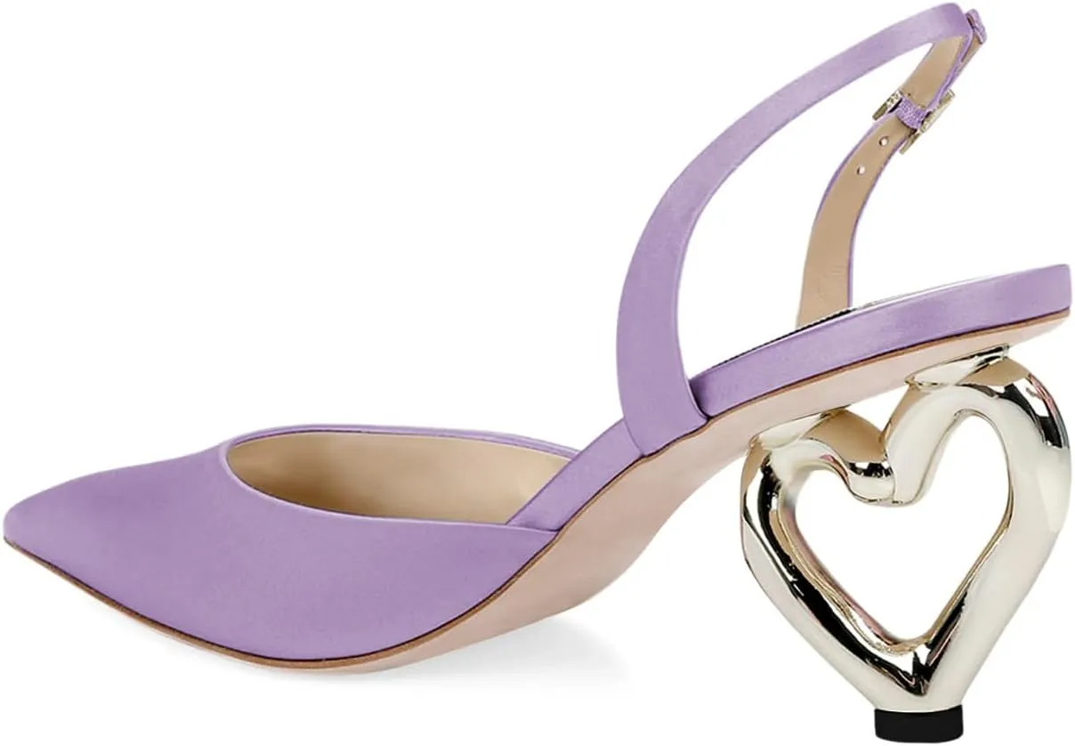XYD Women Bridal Heart Heel Slingback Pumps Elegant Pointed Toe Slip On Mid Heels for Wedding Event Satin Shoes