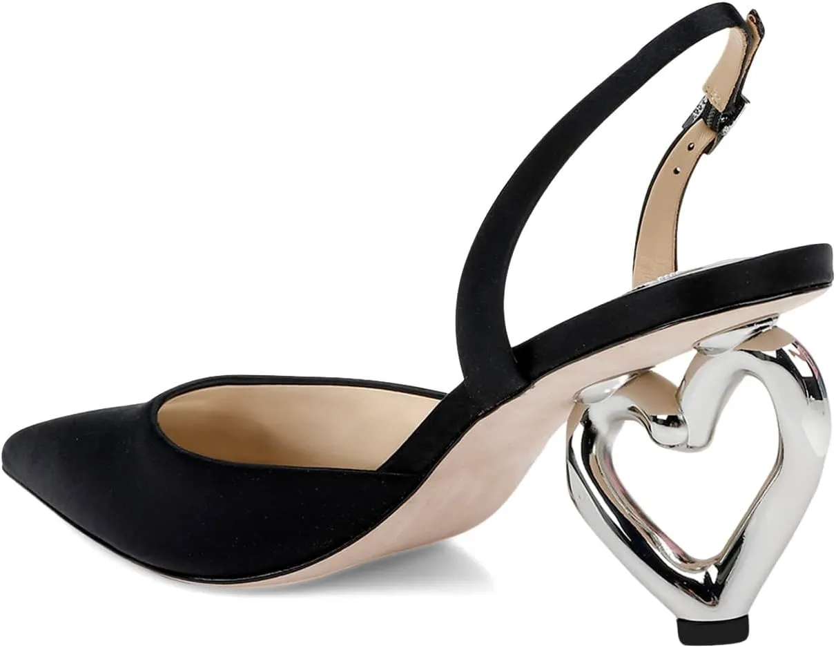 XYD Women Bridal Heart Heel Slingback Pumps Elegant Pointed Toe Slip On Mid Heels for Wedding Event Satin Shoes