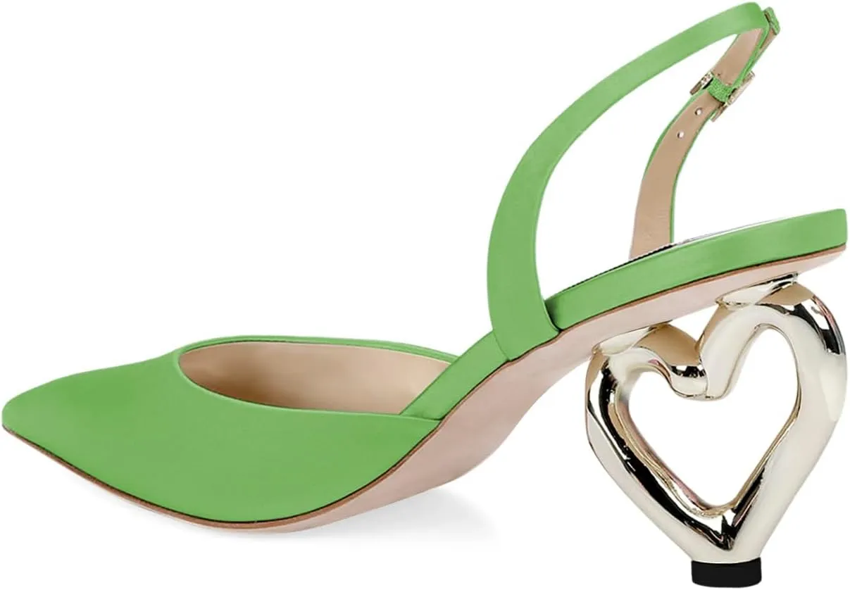 XYD Women Bridal Heart Heel Slingback Pumps Elegant Pointed Toe Slip On Mid Heels for Wedding Event Satin Shoes
