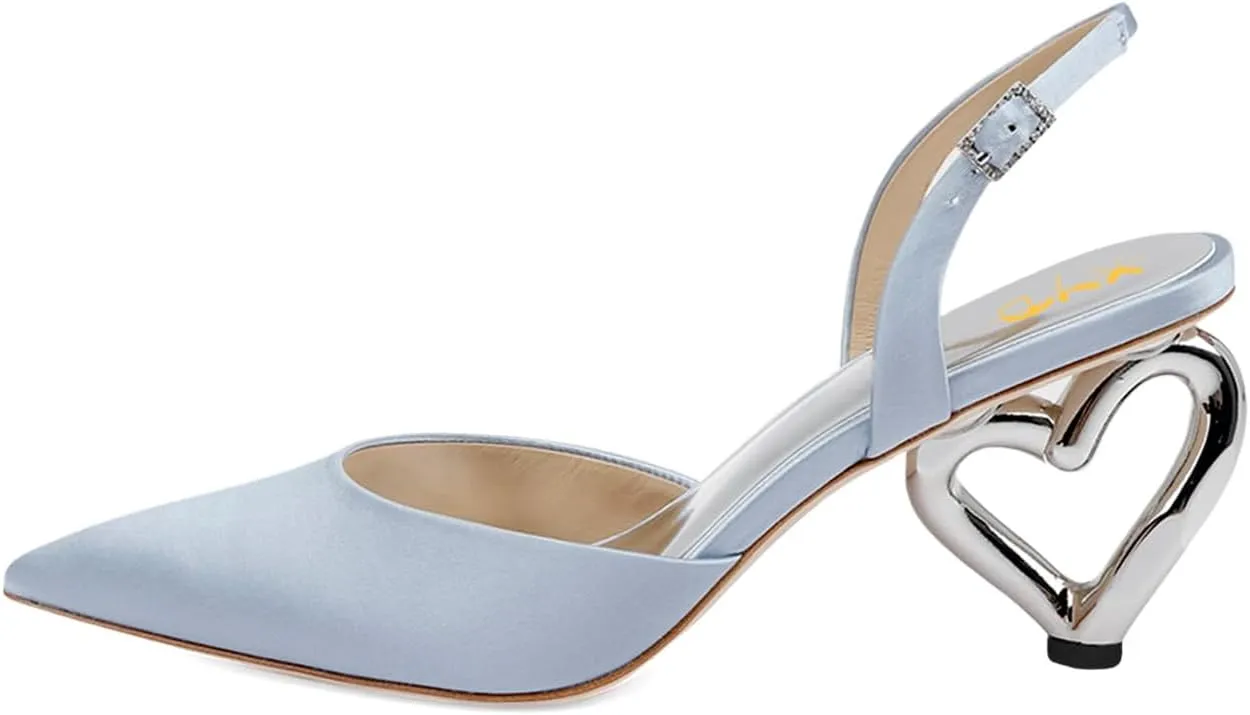 XYD Women Bridal Heart Heel Slingback Pumps Elegant Pointed Toe Slip On Mid Heels for Wedding Event Satin Shoes