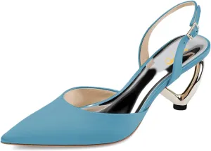 XYD Women Bridal Heart Heel Slingback Pumps Elegant Pointed Toe Slip On Mid Heels for Wedding Event Satin Shoes