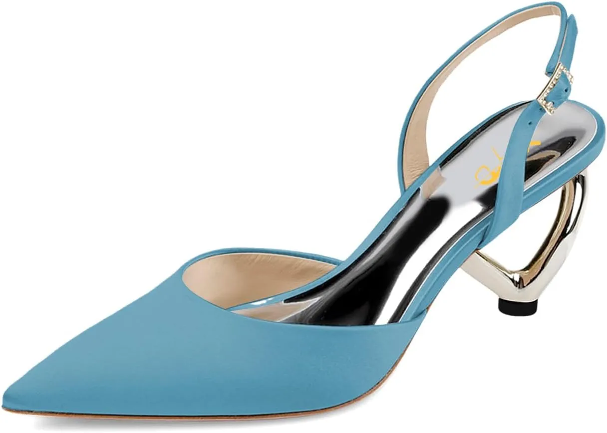 XYD Women Bridal Heart Heel Slingback Pumps Elegant Pointed Toe Slip On Mid Heels for Wedding Event Satin Shoes