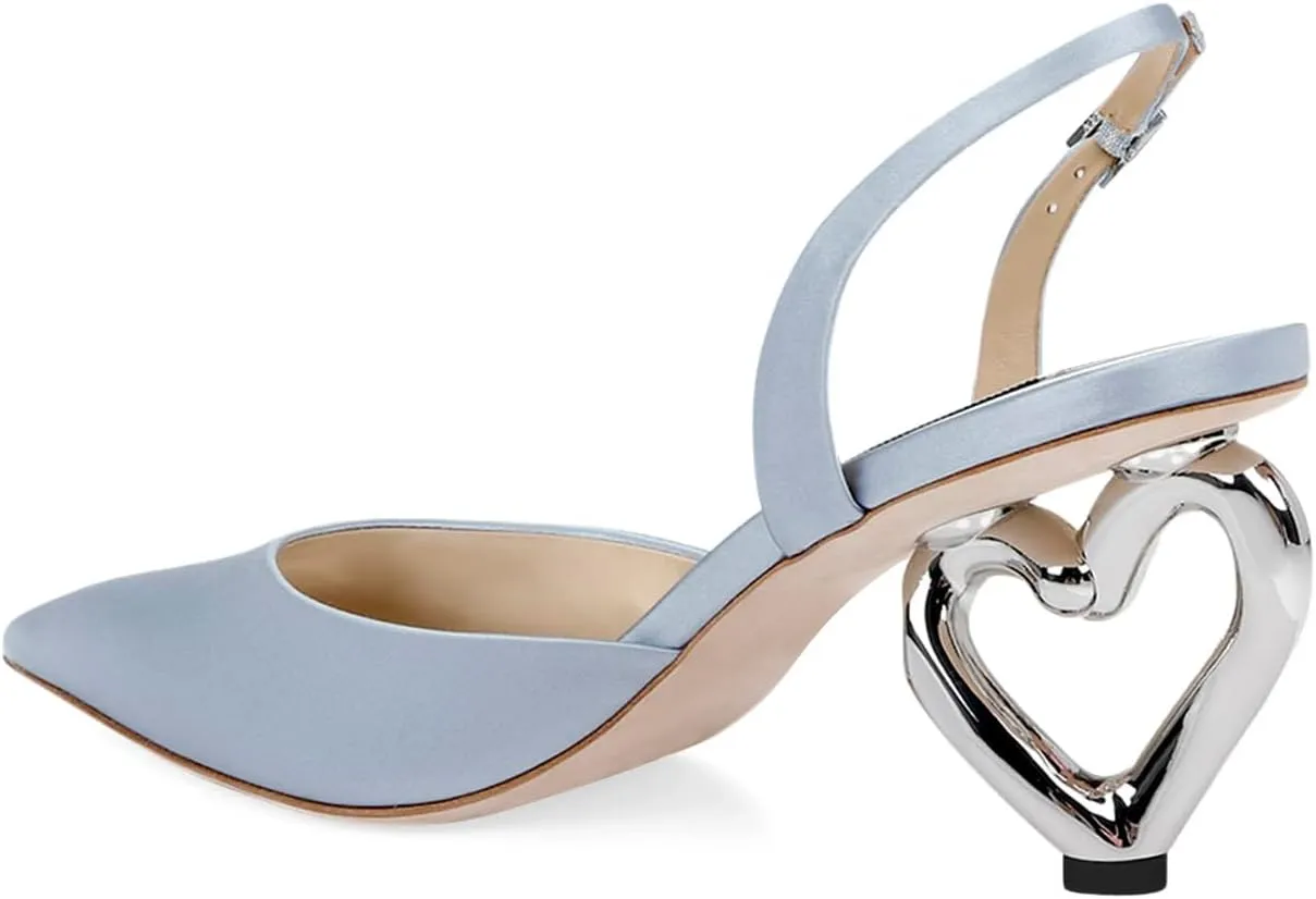 XYD Women Bridal Heart Heel Slingback Pumps Elegant Pointed Toe Slip On Mid Heels for Wedding Event Satin Shoes