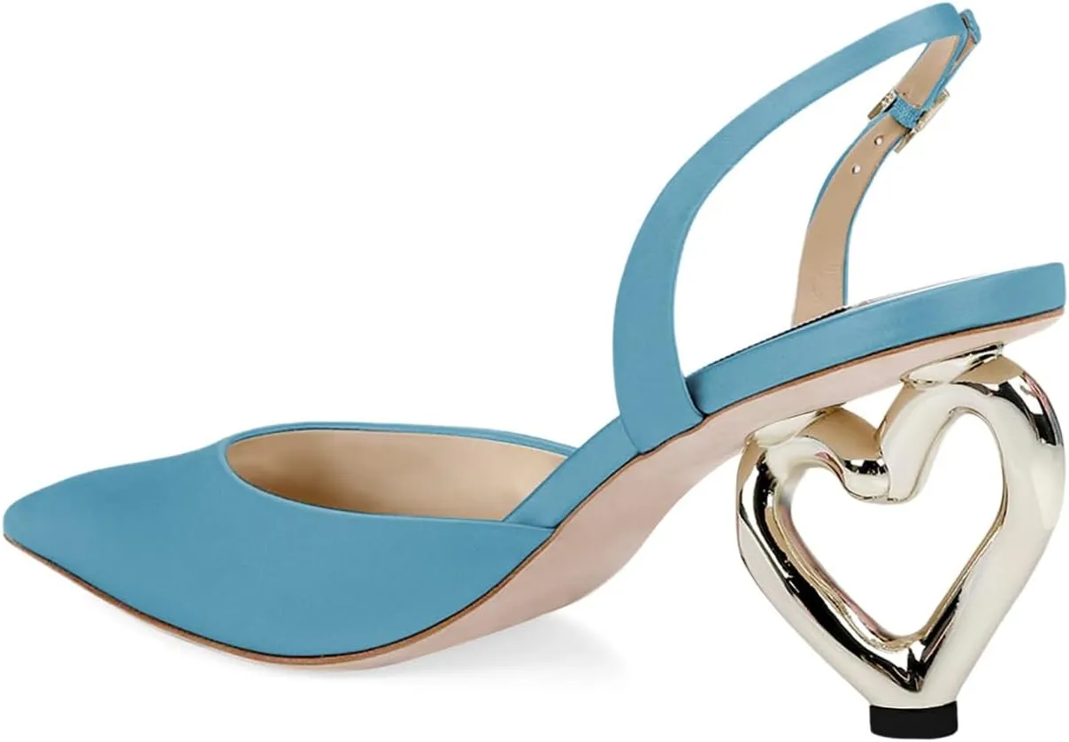 XYD Women Bridal Heart Heel Slingback Pumps Elegant Pointed Toe Slip On Mid Heels for Wedding Event Satin Shoes