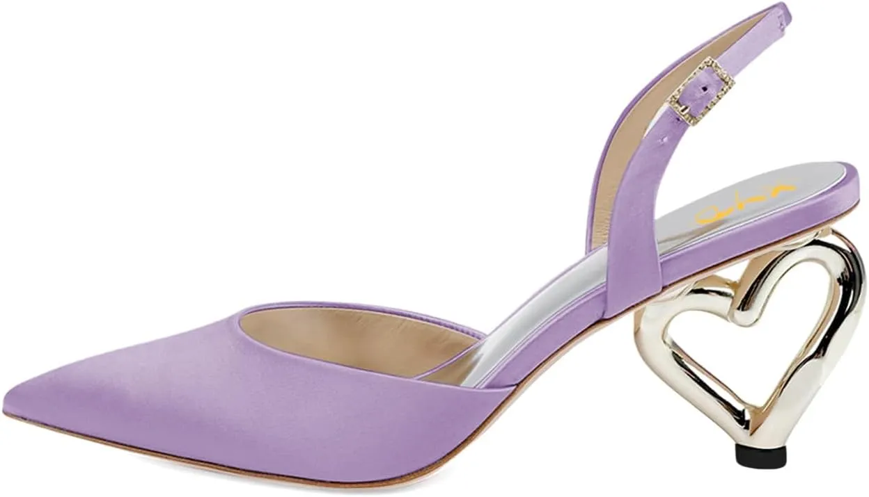 XYD Women Bridal Heart Heel Slingback Pumps Elegant Pointed Toe Slip On Mid Heels for Wedding Event Satin Shoes