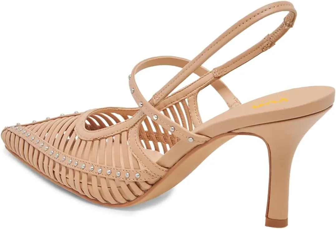 XYD Women Caged Pointed Toe Mid Heel Pumps Multi Studs Slingback Sandals Chic Party Formal Shoes