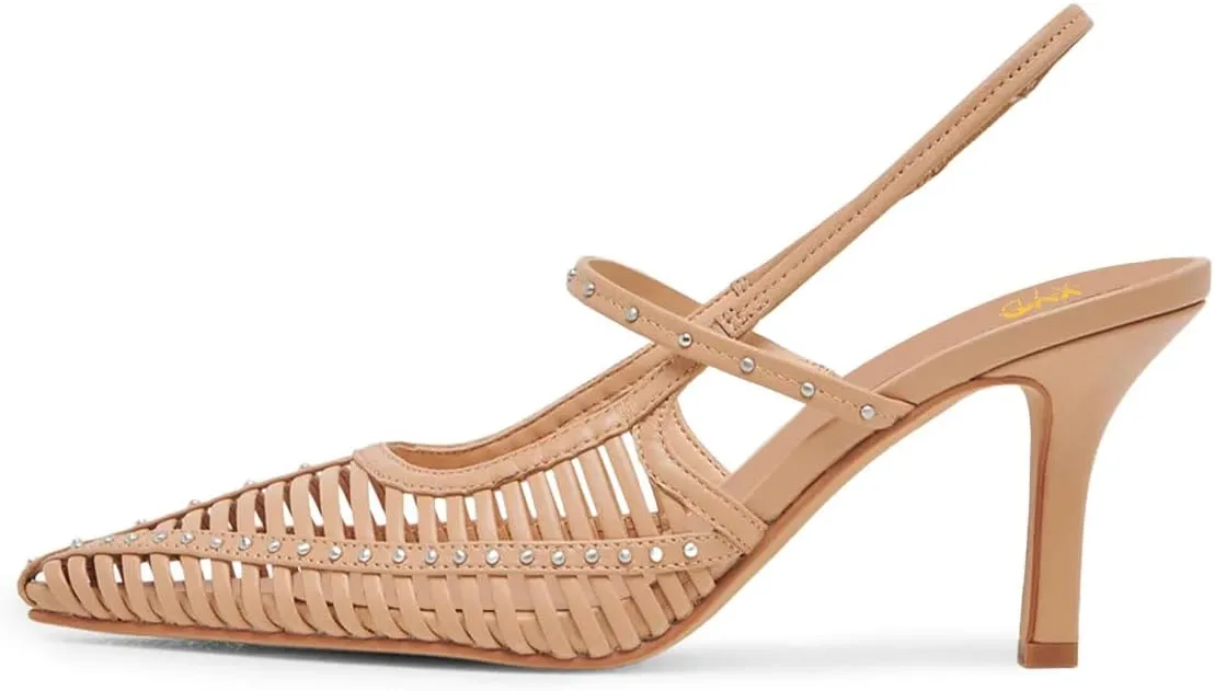 XYD Women Caged Pointed Toe Mid Heel Pumps Multi Studs Slingback Sandals Chic Party Formal Shoes