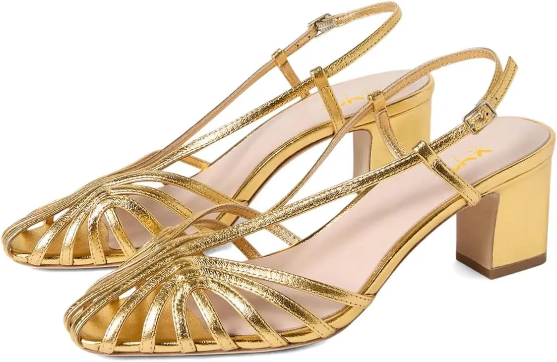 XYD Women Caged Square Toe Slingback Sandals Cutout Block Low Heel Pumps Strappy Dress Chic Shoes