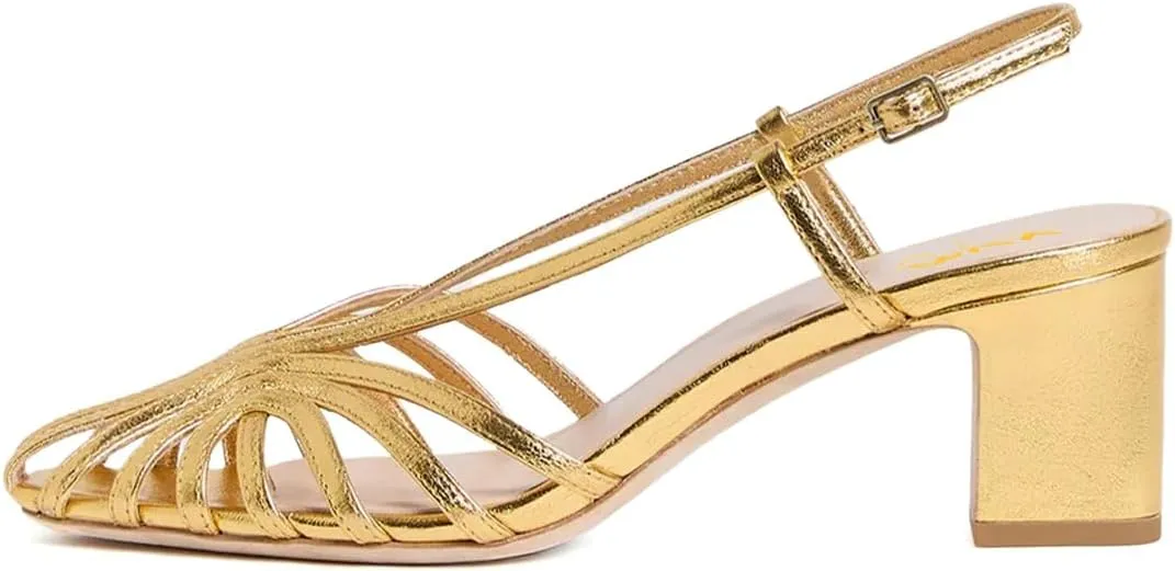 XYD Women Caged Square Toe Slingback Sandals Cutout Block Low Heel Pumps Strappy Dress Chic Shoes