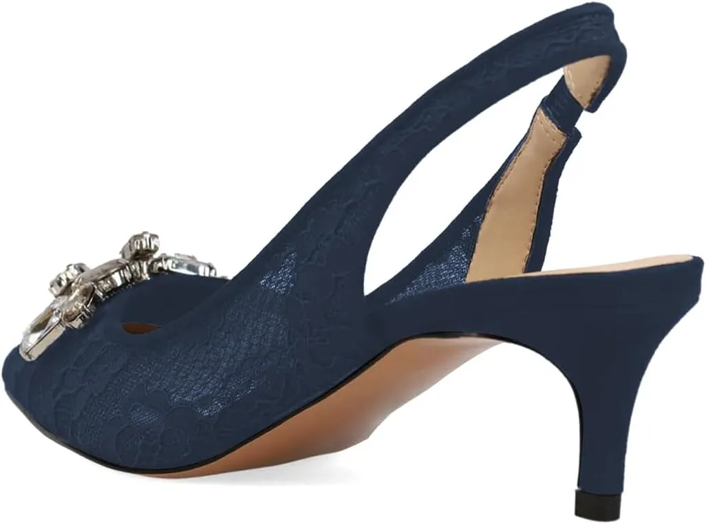 XYD Women Lace Pointed Toe Slingback Heels Diamond Crystals Mesh Kitten Pumps Sexy Comfy Dress Shoes