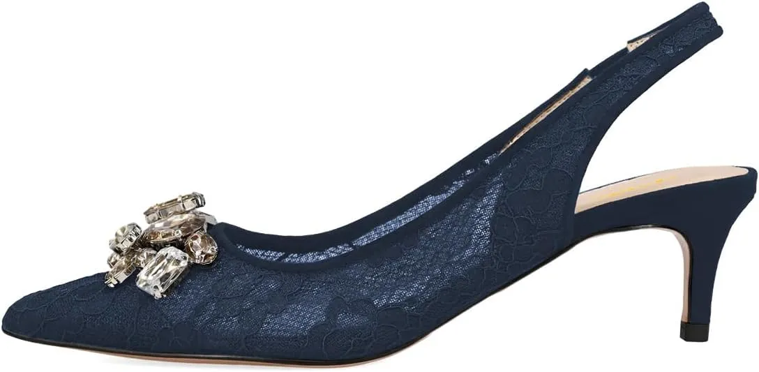 XYD Women Lace Pointed Toe Slingback Heels Diamond Crystals Mesh Kitten Pumps Sexy Comfy Dress Shoes