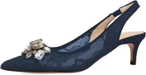 XYD Women Lace Pointed Toe Slingback Heels Diamond Crystals Mesh Kitten Pumps Sexy Comfy Dress Shoes