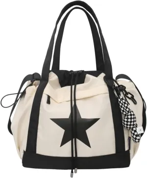 Y2K Aesthetic Crossbody Bag with Pendant Star Grunge Tote Bag Drawstring Bucket Bag Multi Pockets Shoulder Bag