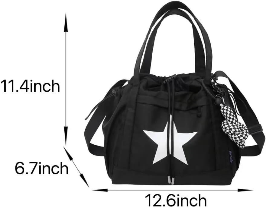 Y2K Aesthetic Crossbody Bag with Pendant Star Grunge Tote Bag Drawstring Bucket Bag Multi Pockets Shoulder Bag