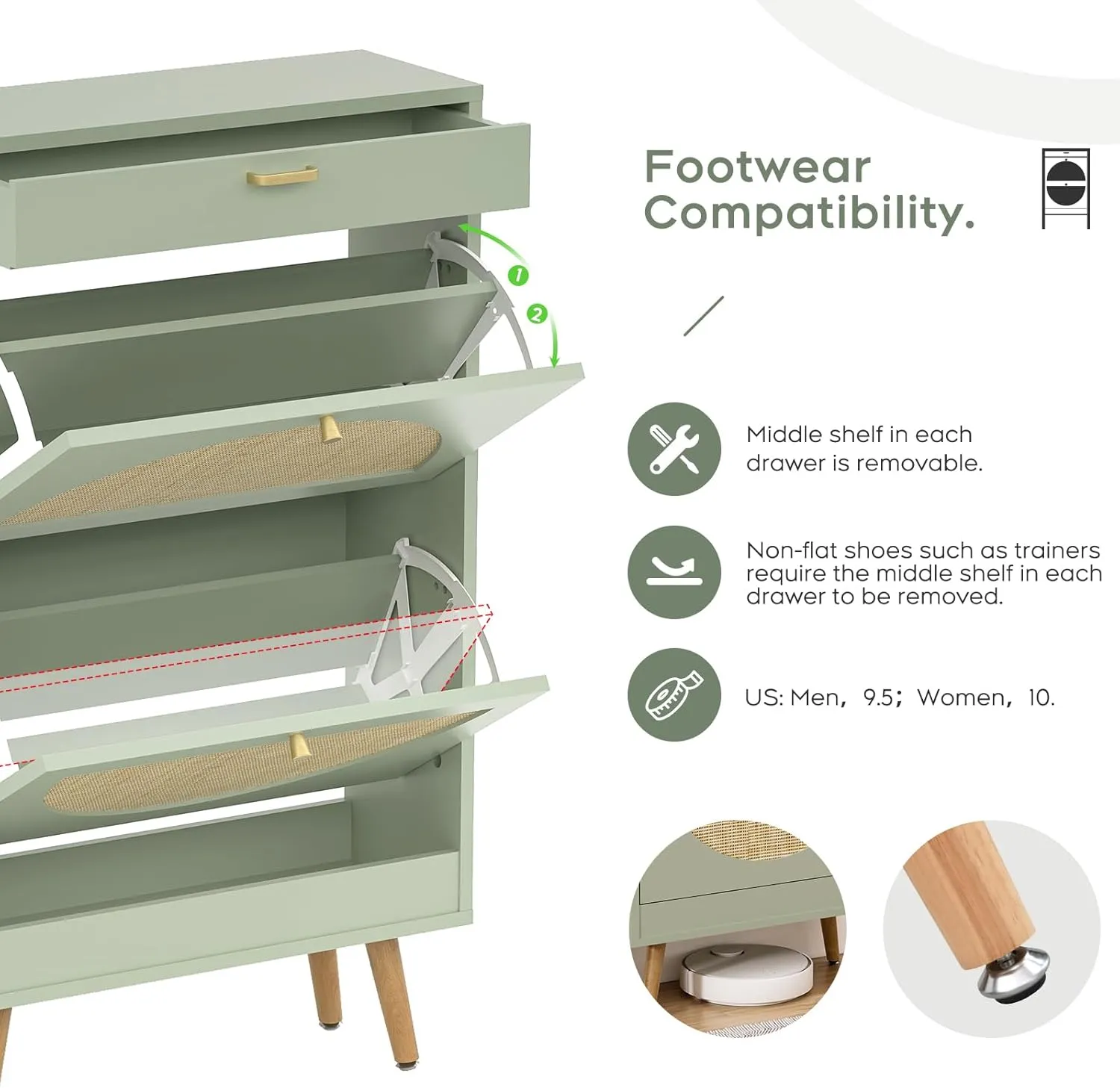 Yechen Shoe Rack Storage Organizer with 2 Natural Semi-Circular Rattan Doors, Entryway Wooden Shoe Cabinet for Sneakers, Leather Shoes, High Heels, Slippers (1 Piece, Morandi Green)