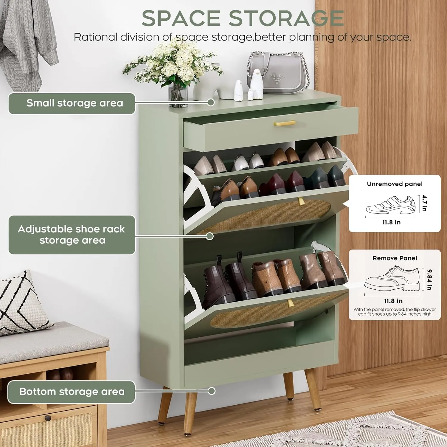 Yechen Shoe Rack Storage Organizer with 2 Natural Semi-Circular Rattan Doors, Entryway Wooden Shoe Cabinet for Sneakers, Leather Shoes, High Heels, Slippers (1 Piece, Morandi Green)