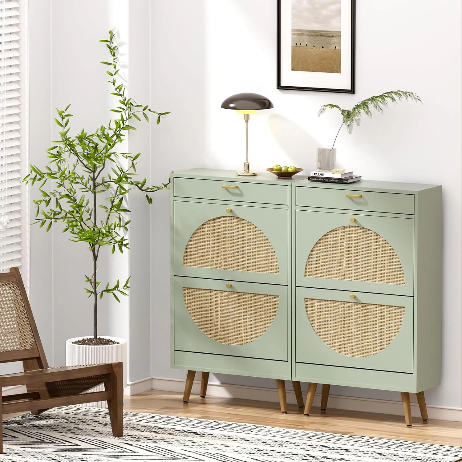 Yechen Shoe Rack Storage Organizer with 2 Natural Semi-Circular Rattan Doors, Entryway Wooden Shoe Cabinet for Sneakers, Leather Shoes, High Heels, Slippers (1 Piece, Morandi Green)