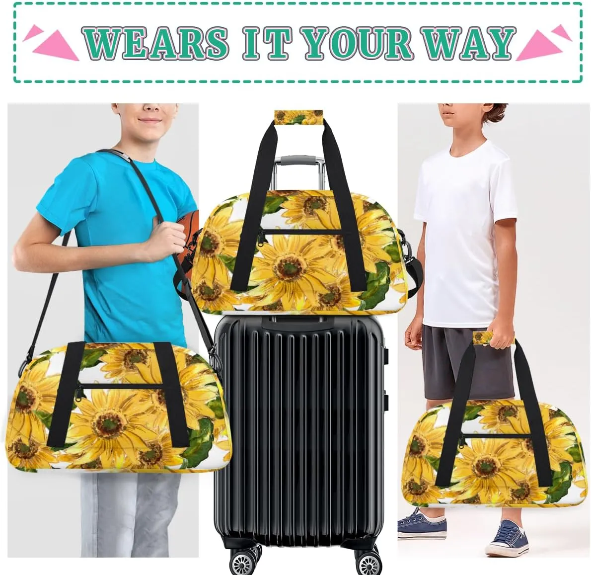 Yellow Flower Boys Girls Gym Bag Dance Perform Training Duffel Bags Weekender Carry-On Tote Luggage Bag Ideal for School Practice or Overnight Trips