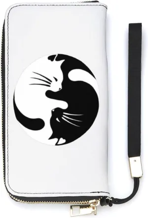 Yin Yang Lucky Cat Wristlet Wallet Leather Long Card Holder Purse Slim Clutch Handbag for Women