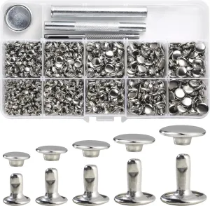 YORANYO 340 Sets Leather Rivets Kit Mixed Sizes Rivets for Leather Double Cap Rivets Studs for Clothing Fabric with Leather Crafting Rivet Tool for Repair Decorate Clothes Shoes Bags Belts (Silver)