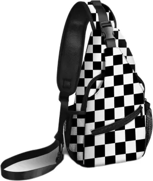 Yrebyou Black White Checker Chest Sling Bag Crossbody Backpack Travel Hiking for Women Men Multipurpose Lightweight Fashion Shoulder Bag for Biking Climbing Runner