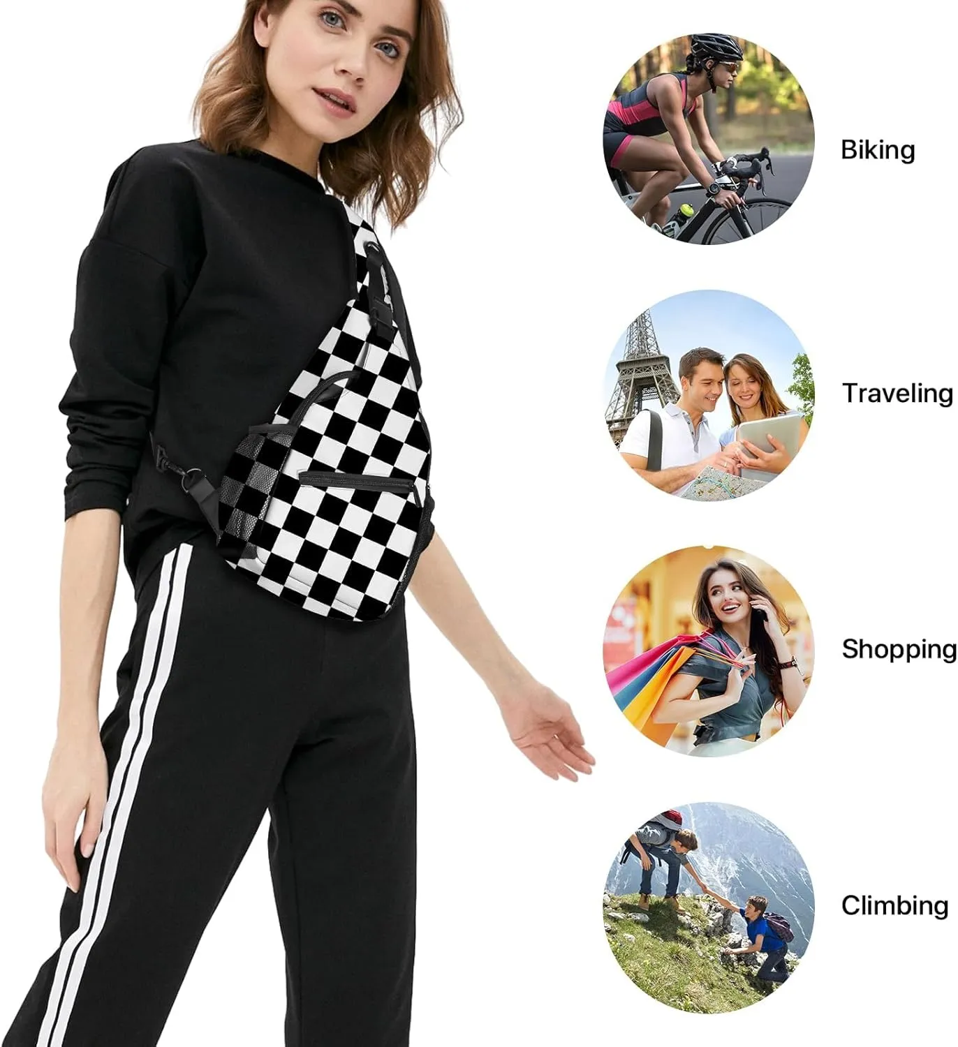 Yrebyou Black White Checker Chest Sling Bag Crossbody Backpack Travel Hiking for Women Men Multipurpose Lightweight Fashion Shoulder Bag for Biking Climbing Runner