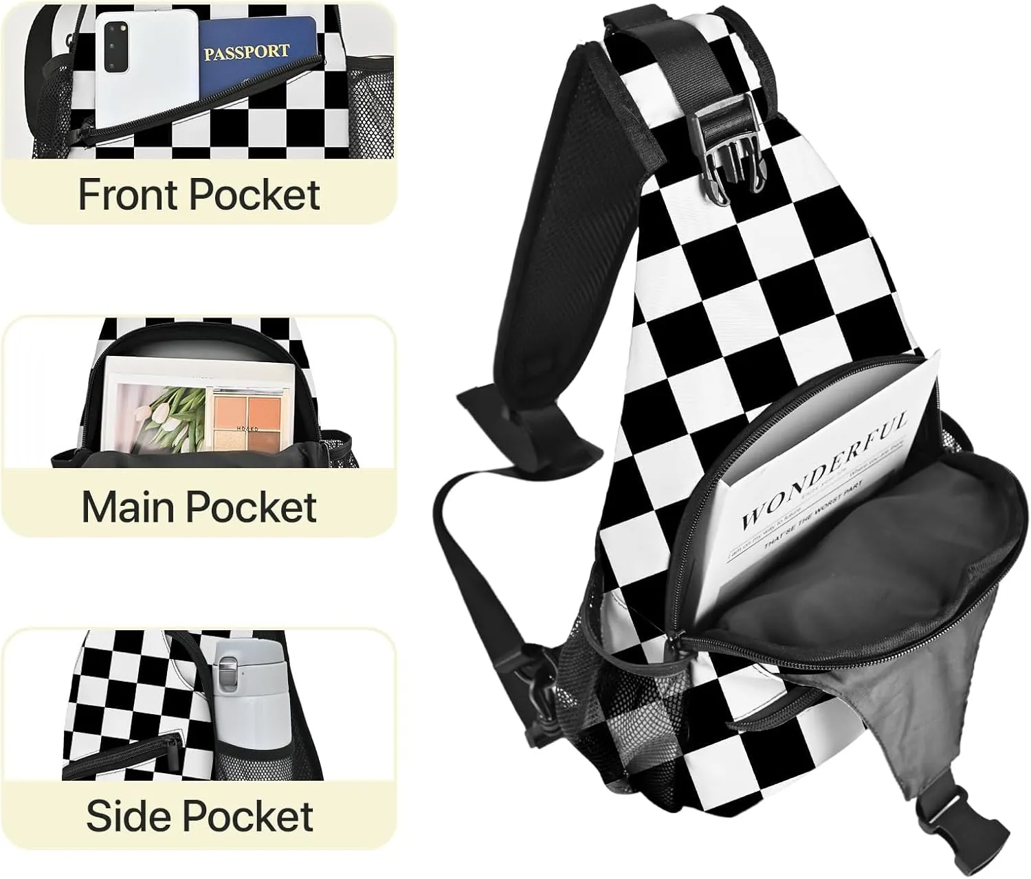 Yrebyou Black White Checker Chest Sling Bag Crossbody Backpack Travel Hiking for Women Men Multipurpose Lightweight Fashion Shoulder Bag for Biking Climbing Runner