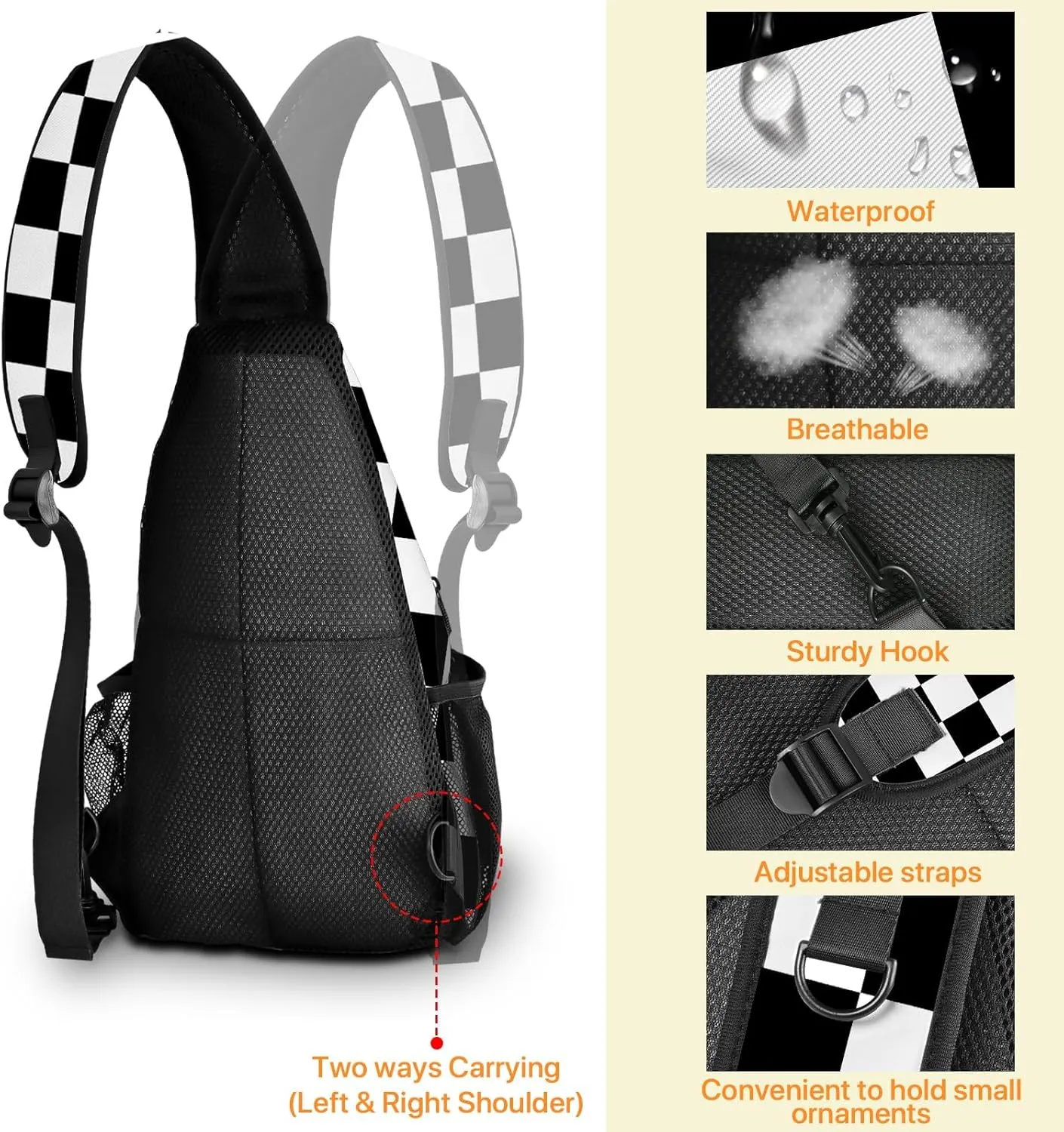 Yrebyou Black White Checker Chest Sling Bag Crossbody Backpack Travel Hiking for Women Men Multipurpose Lightweight Fashion Shoulder Bag for Biking Climbing Runner