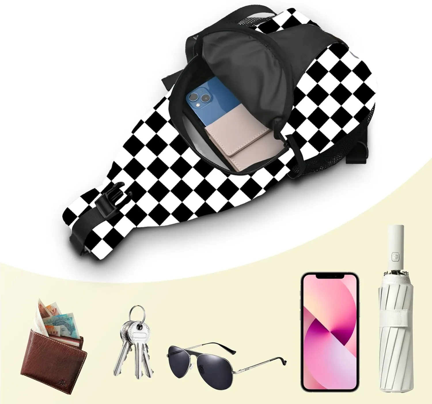 Yrebyou Black White Checker Chest Sling Bag Crossbody Backpack Travel Hiking for Women Men Multipurpose Lightweight Fashion Shoulder Bag for Biking Climbing Runner