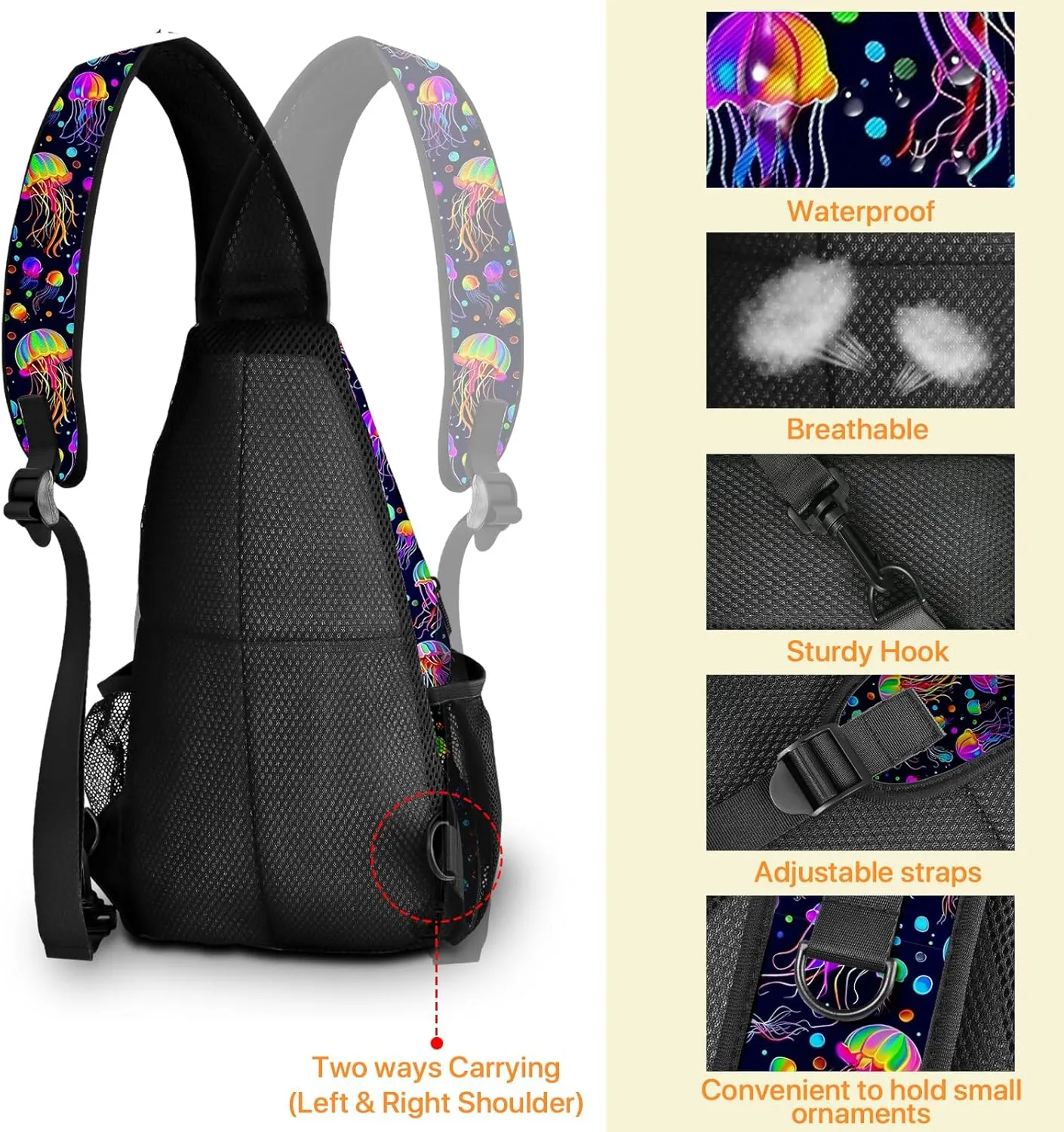 Yrebyou Jellyfish Sling Bag Travel Crossbody Backpack Shoulder Daypack Hiking chest Pack for Women Lightweight Waterproof Adjustable Outdoor Workout