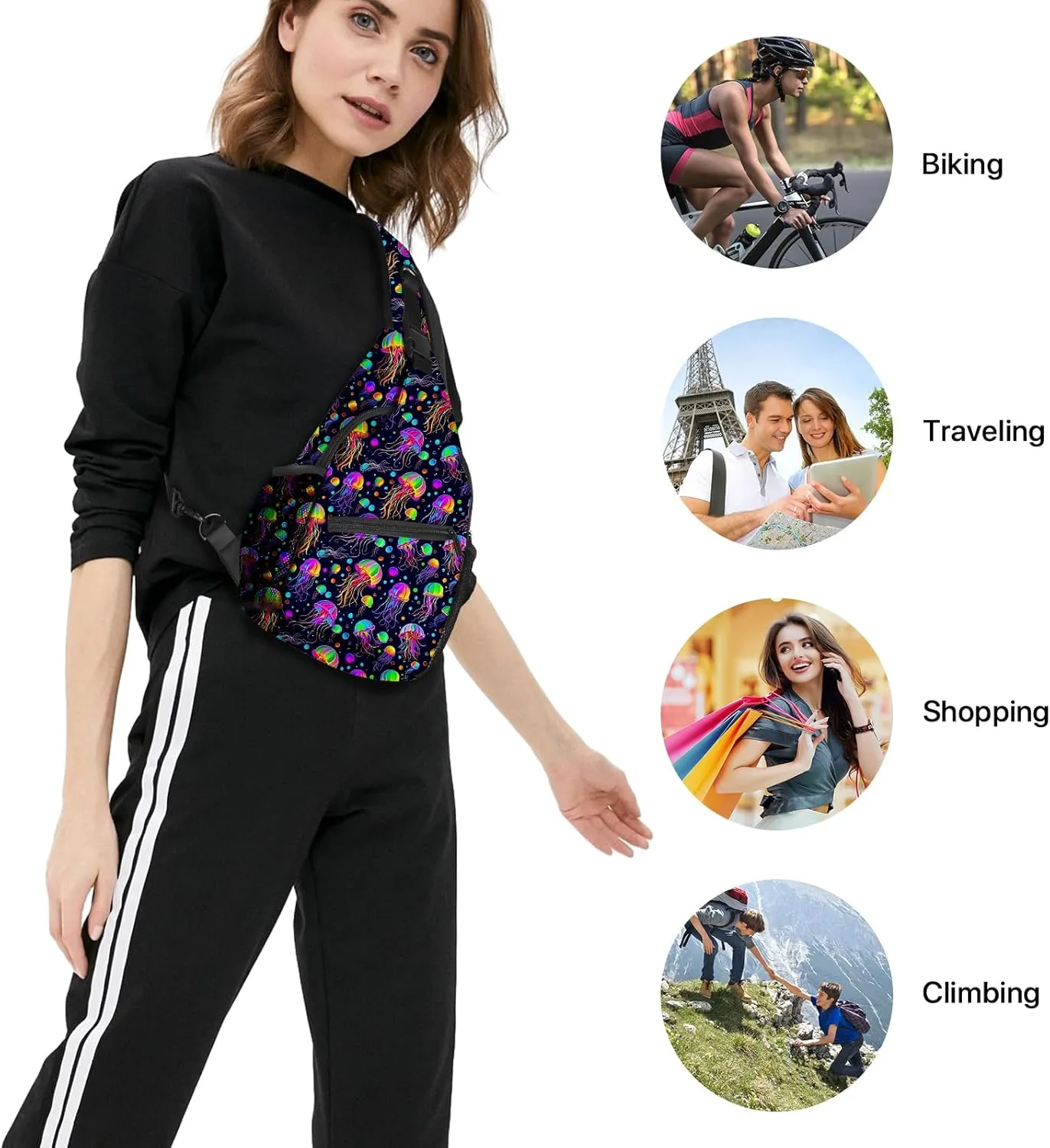Yrebyou Jellyfish Sling Bag Travel Crossbody Backpack Shoulder Daypack Hiking chest Pack for Women Lightweight Waterproof Adjustable Outdoor Workout