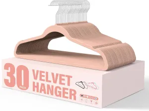 YSSOA Velvet Hangers 30 Pack, Non-Slip Clothes Hangers with Shoulder Notches, 360° Swivel Hooks, Heavy Duty Standard Hangers for Closet Space Saving, Pink
