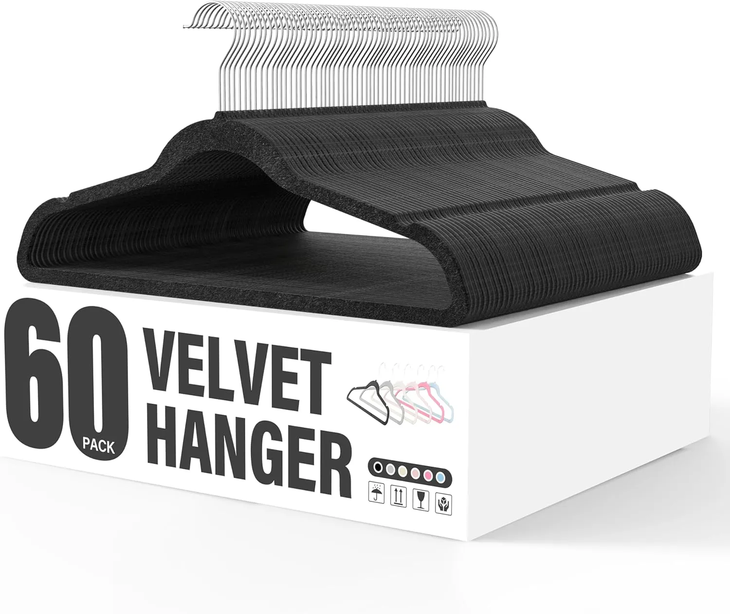 YSSOA Velvet Hangers 60 Pack, Non-Slip Clothes Hangers with Shoulder Notches, 360° Swivel Hooks, Heavy Duty Standard Hangers for Closet Space Saving, Black