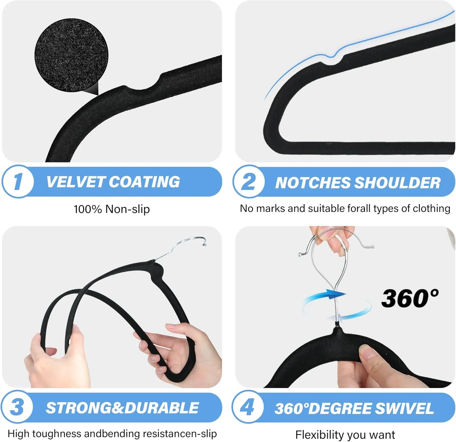 YSSOA Velvet Hangers 60 Pack, Non-Slip Clothes Hangers with Shoulder Notches, 360° Swivel Hooks, Heavy Duty Standard Hangers for Closet Space Saving, Black