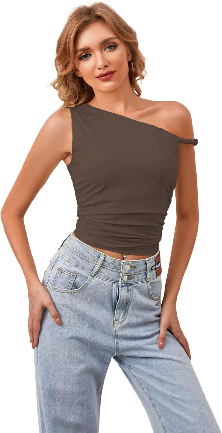 Ythomm Women One Shoulder Ruched Crop Tank Tops Casual Off The Shoulder Twist Strap Summer Tanks Tops Going Out Crop Shirts