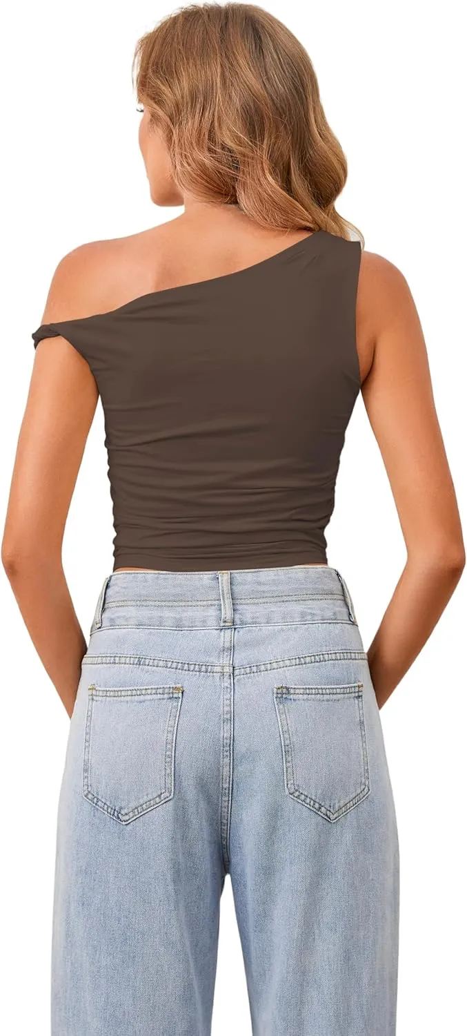 Ythomm Women One Shoulder Ruched Crop Tank Tops Casual Off The Shoulder Twist Strap Summer Tanks Tops Going Out Crop Shirts