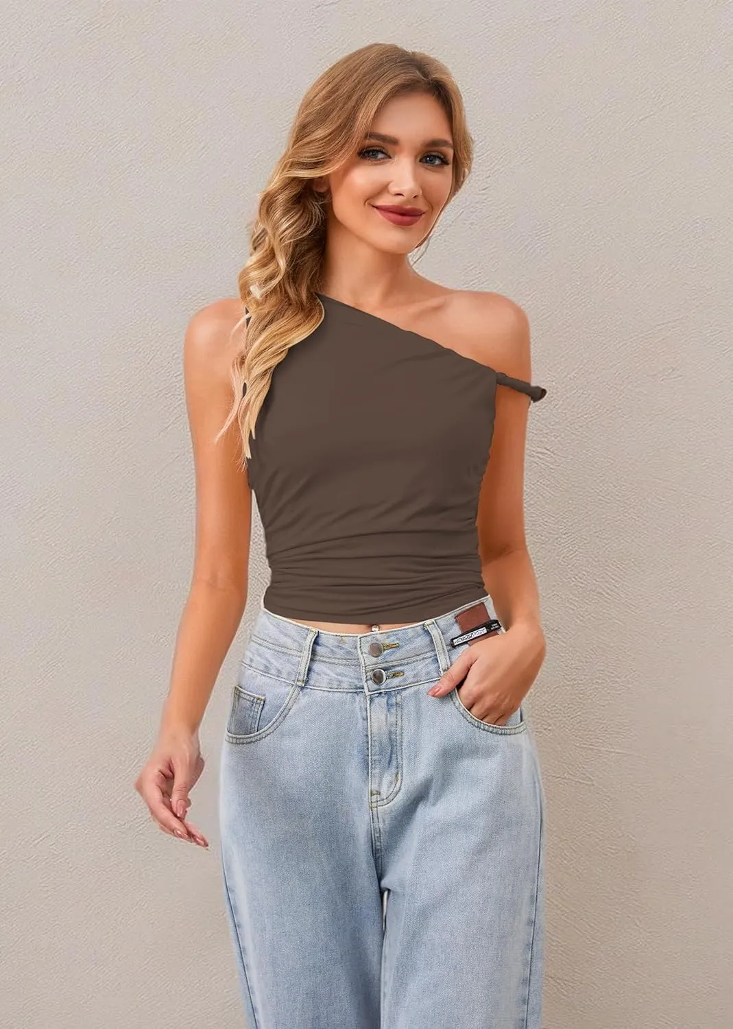 Ythomm Women One Shoulder Ruched Crop Tank Tops Casual Off The Shoulder Twist Strap Summer Tanks Tops Going Out Crop Shirts