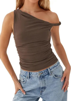 Ythomm Women One Shoulder Ruched Crop Tank Tops Casual Off The Shoulder Twist Strap Summer Tanks Tops Going Out Crop Shirts