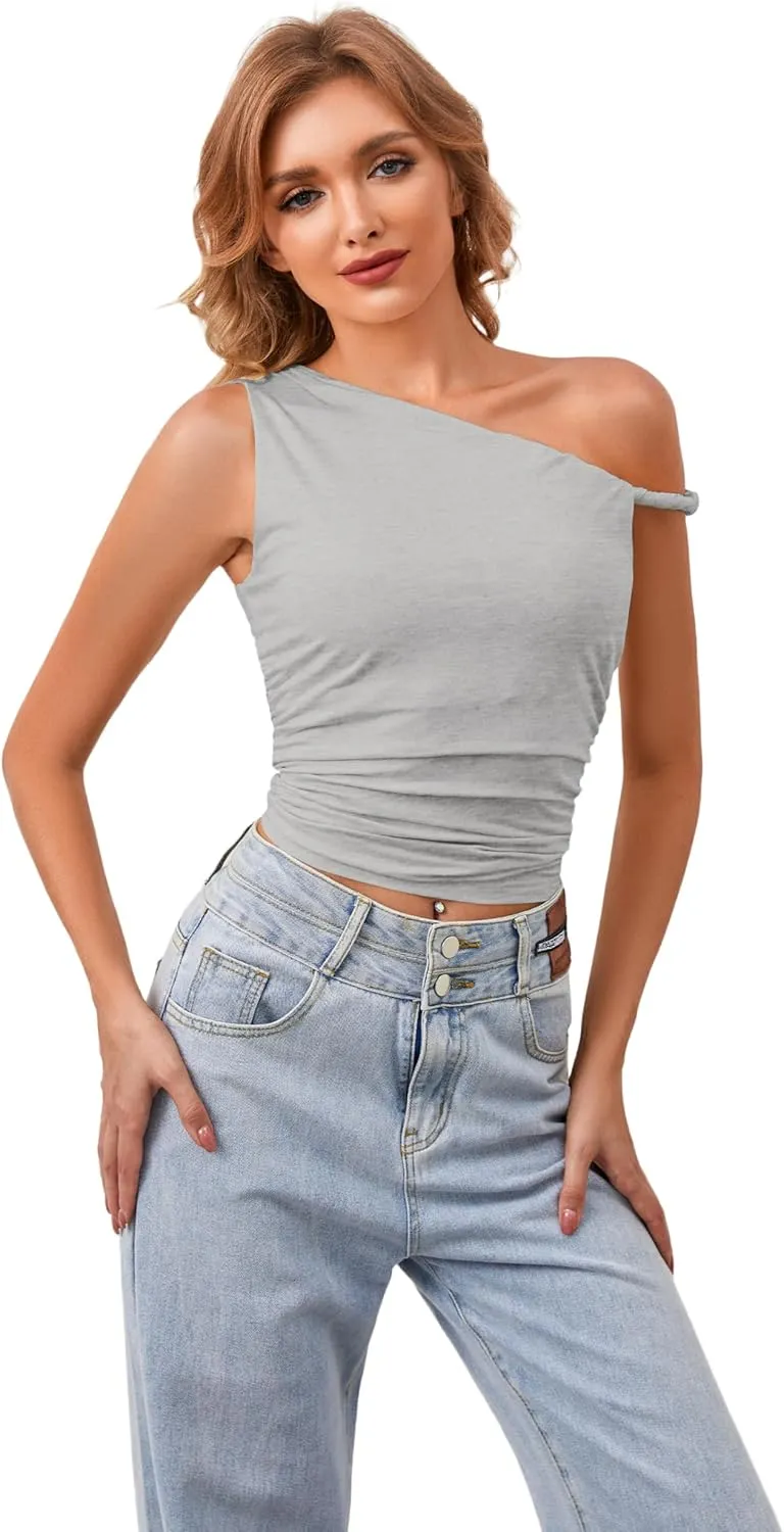 Ythomm Women One Shoulder Ruched Crop Tank Tops Casual Off The Shoulder Twist Strap Summer Tanks Tops Going Out Crop Shirts